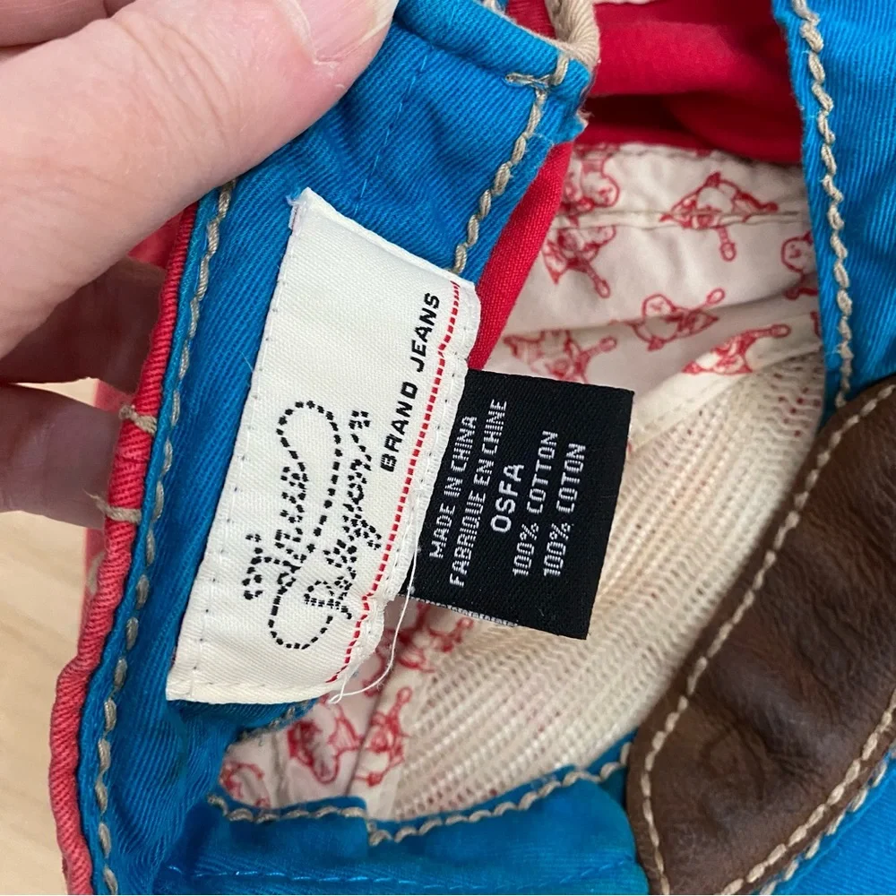 True Religion VTG The Buddha Red and Leather Distressed Hat Y2K Red Blue RARE‎